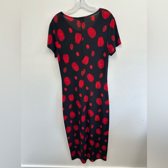 Vintage 90’s Black & Red Fruit Print Short Sleeve Body Con Maxi Slip Dress M - Picture 3 of 7